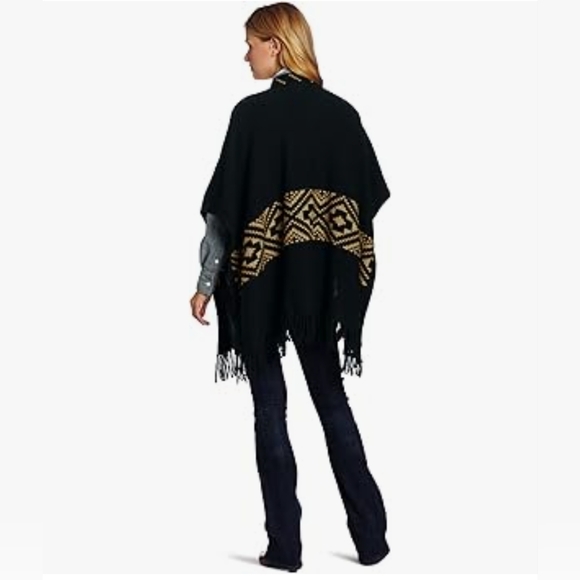 Minnie Rose Black Tan Geometric Poncho One Size Fits All - Picture 3 of 11